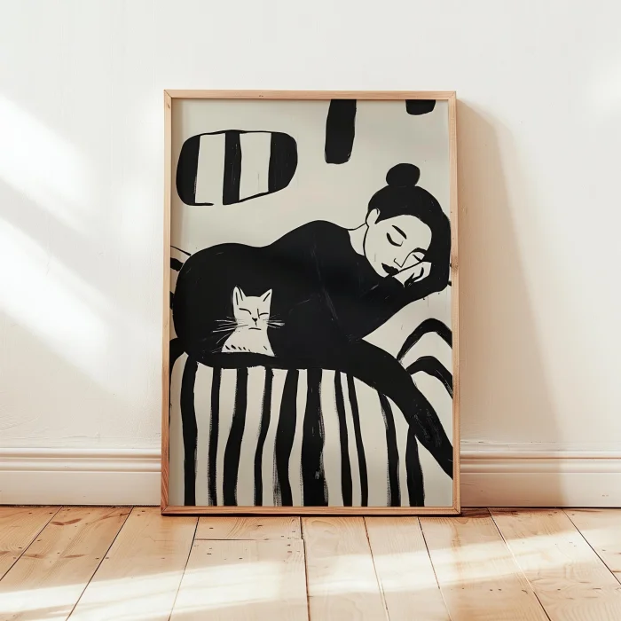 Monochrome Duo I - Siesta With Cat Wooden Framed Print image 4