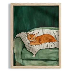 Rest With Cat I - Green Sofa Wooden Framed Print
