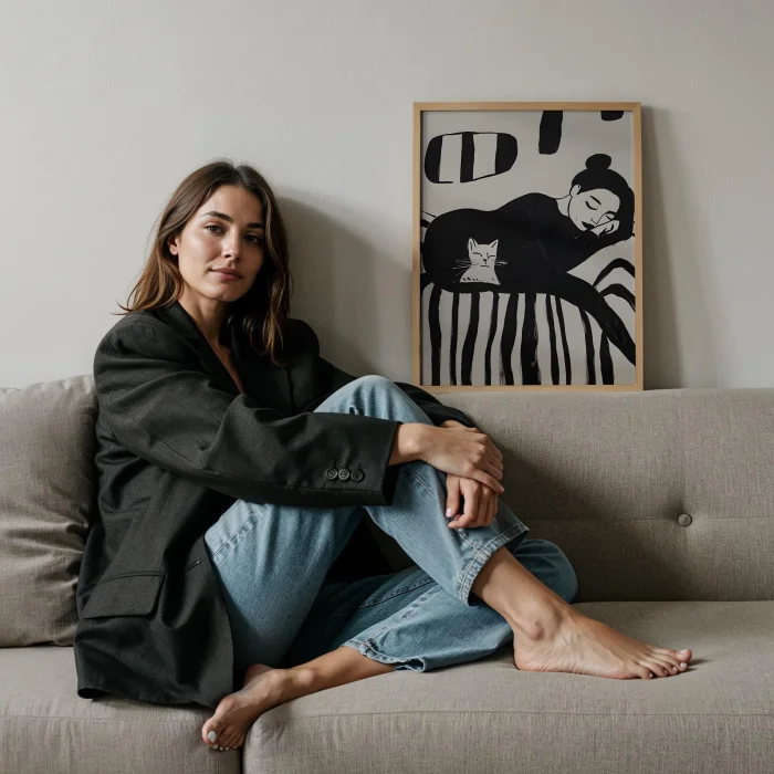 Monochrome Duo I - Siesta With Cat Wooden Framed Print image 2