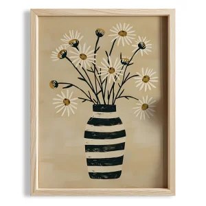 Striped Vase Ii - Daisies Wooden Framed Print
