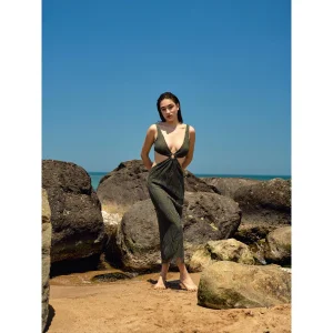 Khaki Lace Midi Dress With Low Waist