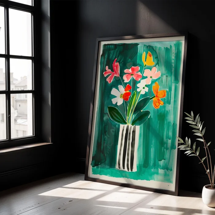 Vazo Ve Çiçekler   İçinde Bahar Buketi Ahşap Çerçeveli Tablo image 3