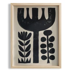 Abstract Çiçekler - Siyah Bej Wooden Framed Wall Art