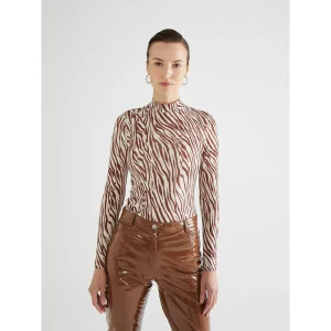 Zebra Pattern Turtleneck Brown Bodysuit