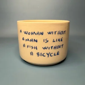 Handmade Feminist Ceramic Mug - Blue Lettering