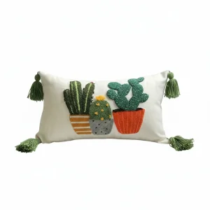 Kaktüs İşlemeli Kırlent Kılıfı - Punch Nakışı Yastık Kılıfı