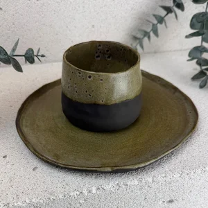 Dark Earth & Moss Green - Handmade 2-piece Stoneware Cup Set (200 Ml)