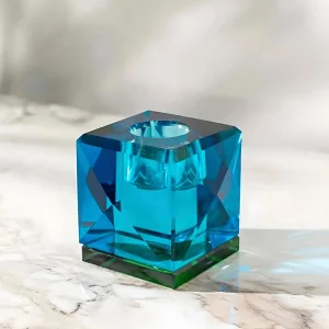 Blue/green Sparkle Dice Shape Glass Candlestick - Modern And Stylish Decor Option