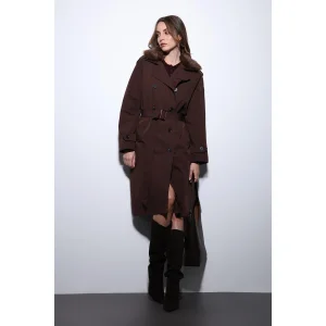 Faux Fur Collar Trench Coat - 1