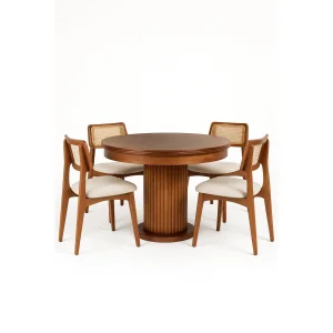 Round Extendable Table - Wooden Table Set With Wicker Chairs, Walnut