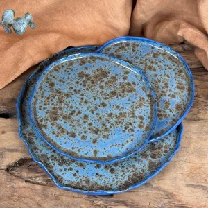 Handcrafted 3-piece Blue Porcelain Plate Set - Brown & Blue Artistic Glaze
