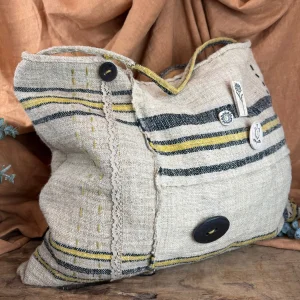 Handwoven Natural-dye Fabric Large Handmade Bag With Ceramic Accessories - Linen Lining & Lace Detail