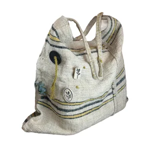 Large Handmade Bag With Handwoven Natural-dye Fabric & Ceramic Details - Linen Lining And Lace Edge Finish