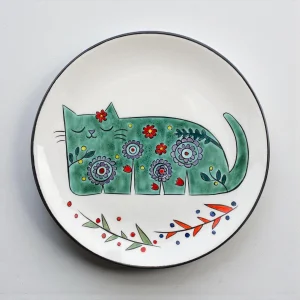Green Cat Ceramic Cake, Dessert Plate-18 Cm