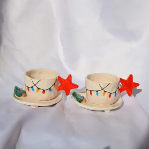 Christmas Series "christmas Lights" 2-piece Turkish Coffee Cup Set - Handmade Ceramic Cup With Star Handle