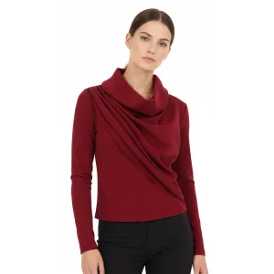 Draped Cowl Neck Long Sleeve Top Burgundy Blouse - Aria