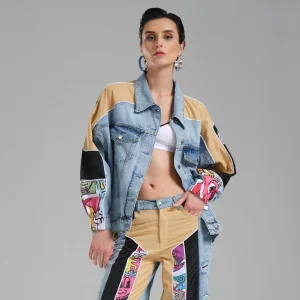Graffiti Art Patchwork Denim Jacket For Women - Unique Custom Hand Painted Jean Coat - Vintage Y2k Streetwear Denim - One Of A Kind Oversized Jean Jacket