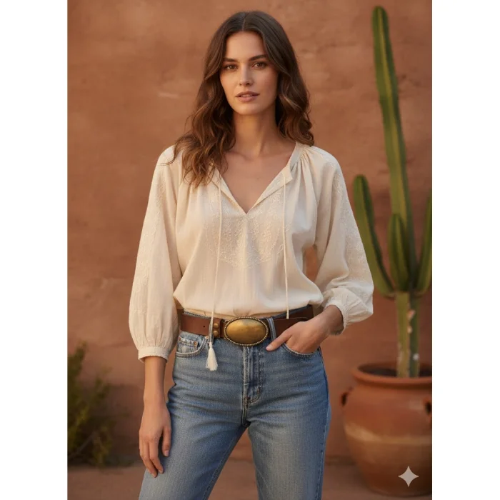 Western Cowboy Brown Leather Belt For Women - Vintage Oval Brass Buckle - Handmade Boho Style Distressed Leather Belt image 4