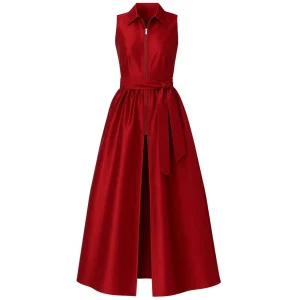Sleeveless Maxi Length Red Taffeta Shirt Dress