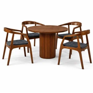 100x100 Round Dining Table Set | Wooden Beech Leg Table + 4 Quilted Beech Chairs