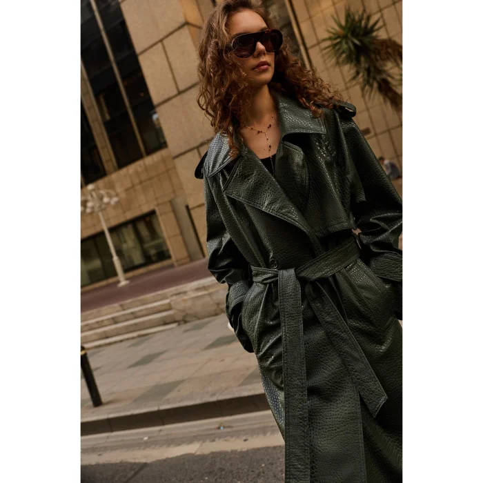 Textured Faux Leather Trench Coat - 2