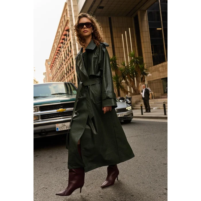 Textured Faux Leather Trench Coat - 3