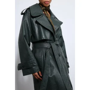 Textured Faux Leather Trench Coat - 5