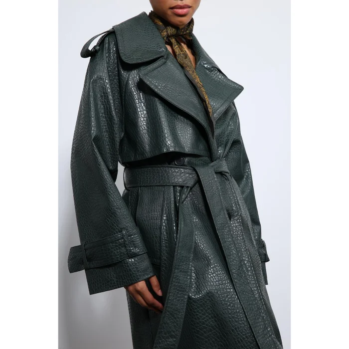 Textured Faux Leather Trench Coat - 5