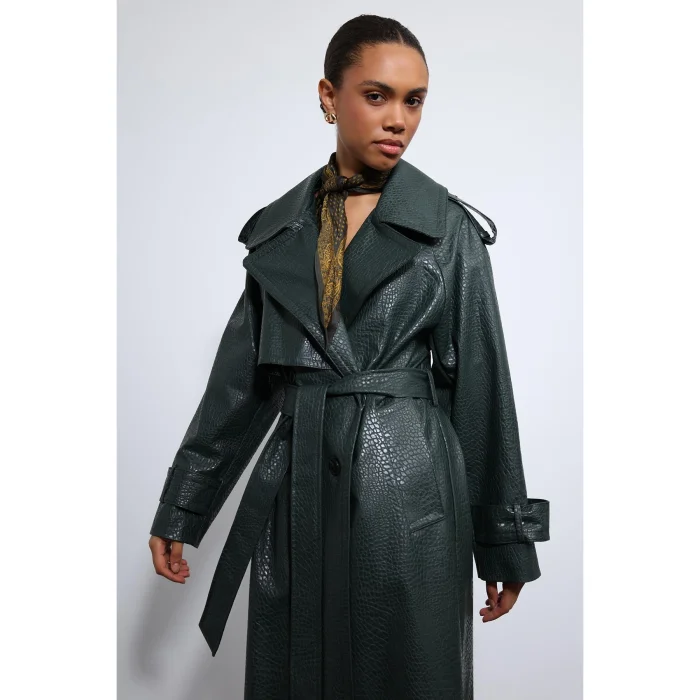 Textured Faux Leather Trench Coat - 4