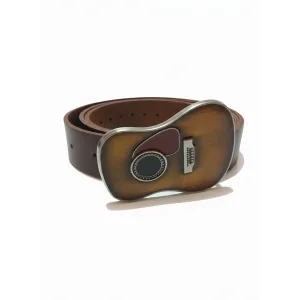 Acoustic Guitar Belt Buckle With Brown Leather Belt - Musician Gift - Music Lover Accessory - Vintage Style Guitarist Waist Belt