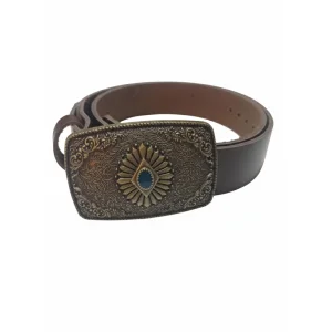 Vintage Sunburst Belt With Green Stone For Women - Ornate Western Buckle