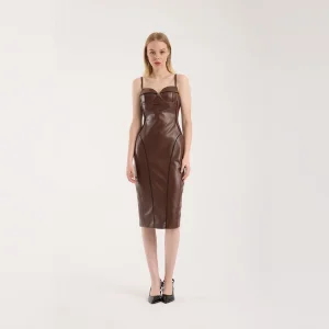 Dyra Brown Leather Midi Dress With Bias Details