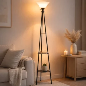 3 Legged Metal Black Decorative Fedora Floor Lamp With Shelves
