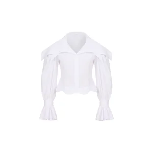 Merril - Wide Collar White Shirt With Ruffle Sleeve Detail