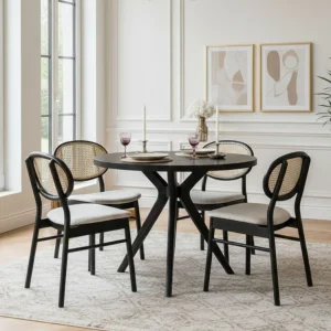 Beslan 100 Cm Beech Dining Table Set With Black Frame And Natural Rattan Back - Set Of 4 Chairs