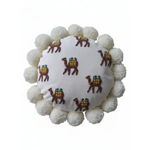 Ramazan Temalı Nakışlı Deve Figürlü Yuvarlak Yastık - Ponponlu İslami Dekoratif Kırlent