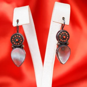 Coral, Enamel Antique Button & Mother Of Pearl Natural Stone Silver Earrings