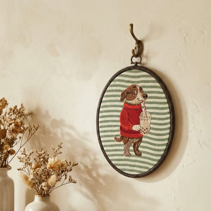 Vintage Striped Dog - Embroidered Decorative Wall Art image 2