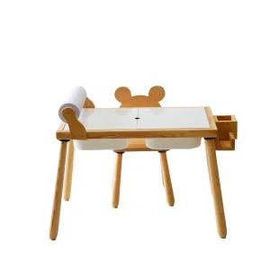 Woodnjoy  Doğal Ahşap Duyusal Çocuk Aktivite Masası Oyun Masası Ve Çocuk Çalışma Masası 1 Sandalye Seti(rulo Aparalı Ve Kırtasiye İstasyonlu)