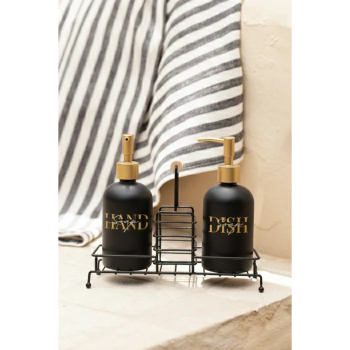Essential Black Metal Stand With Wooden Handles, 2-piece Liquid Soap Dispenser Set, Black, 420 Cc image 3
