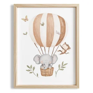With Baloon Flying Cute Elephant - Children's Room Wooden Framed Wall Art
