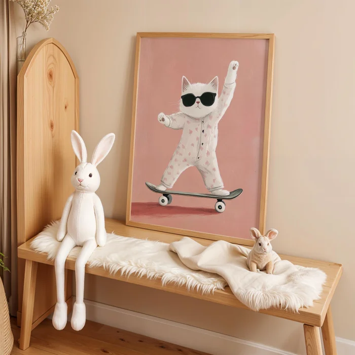 In Pajamas Skateboarder Cat - Pink Background Children's Room Wooden Framed Wall Art image 2