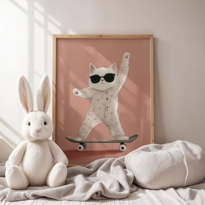 In Pajamas Skateboarder Cat - Pink Background Children's Room Wooden Framed Wall Art image 3