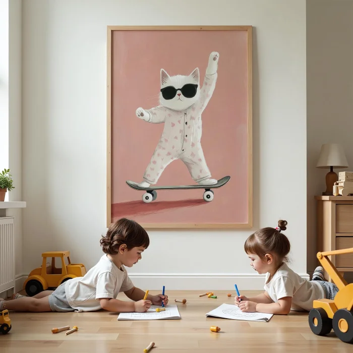 In Pajamas Skateboarder Cat - Pink Background Children's Room Wooden Framed Wall Art image 4