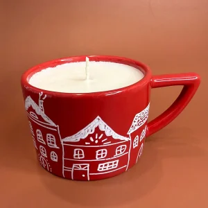 Handmade Vanilla Soy Wax Mug, Hand Painted Village Design, Reusable Gift Cup