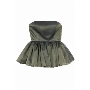 Heavily Ruched Ruffle Detail Strapless Shiny Top
