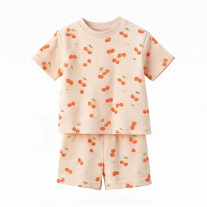 Cherry Patterned 100% Cotton Summer Set In Pink