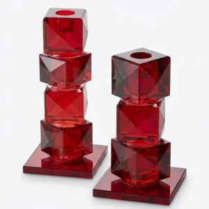 Set Of 2 Red Crystal Candlesticks