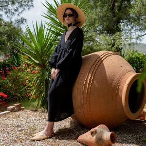 Cotton Bohemian V Neck Long Sleeve Maxi Dress