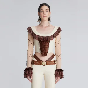 Maid Faux Leather Lace Corset - Beige & Brown